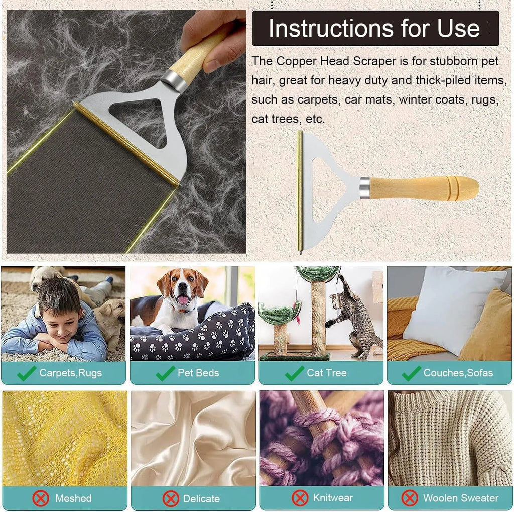 Three pet hair removal tools: a copper lint shaver, a silicone brush, and a round ABS cleaner.