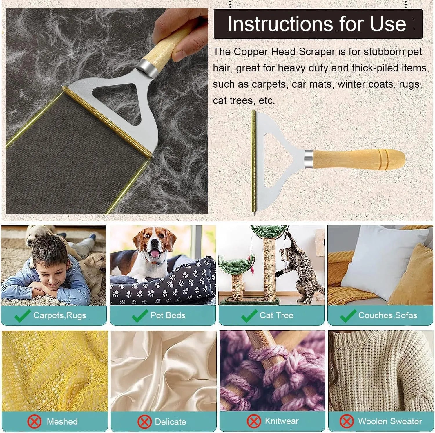 Three pet hair removal tools: a copper lint shaver, a silicone brush, and a round ABS cleaner.