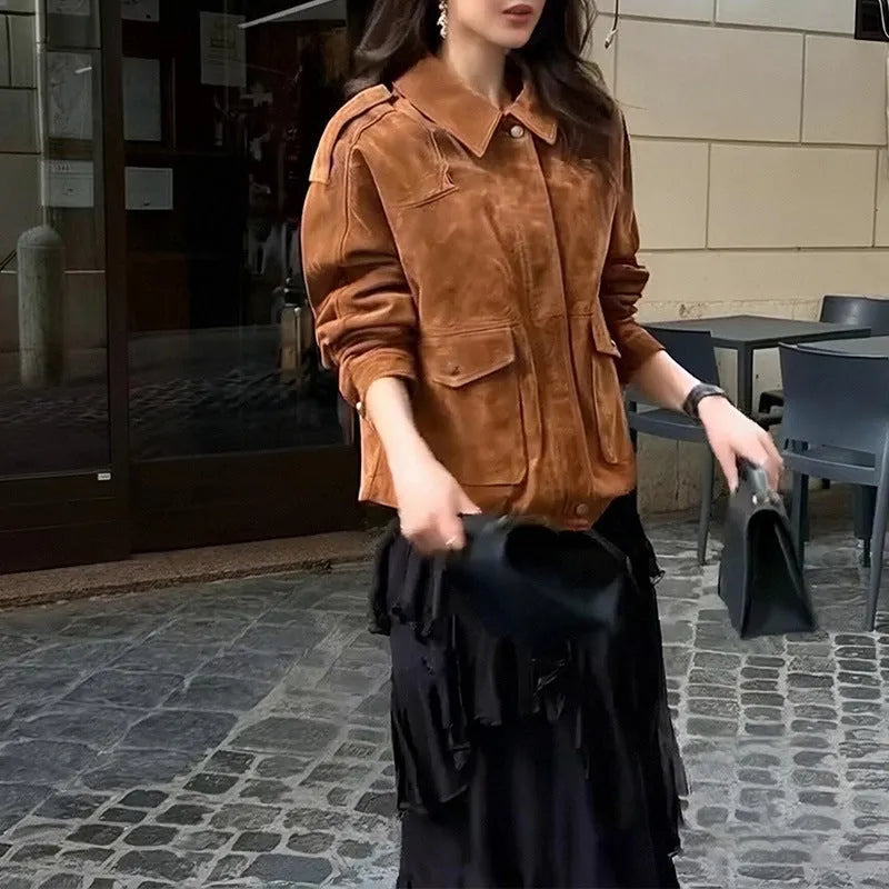 Women's brown suede coat with regular sleeves in street-chic style, showing polyester construction