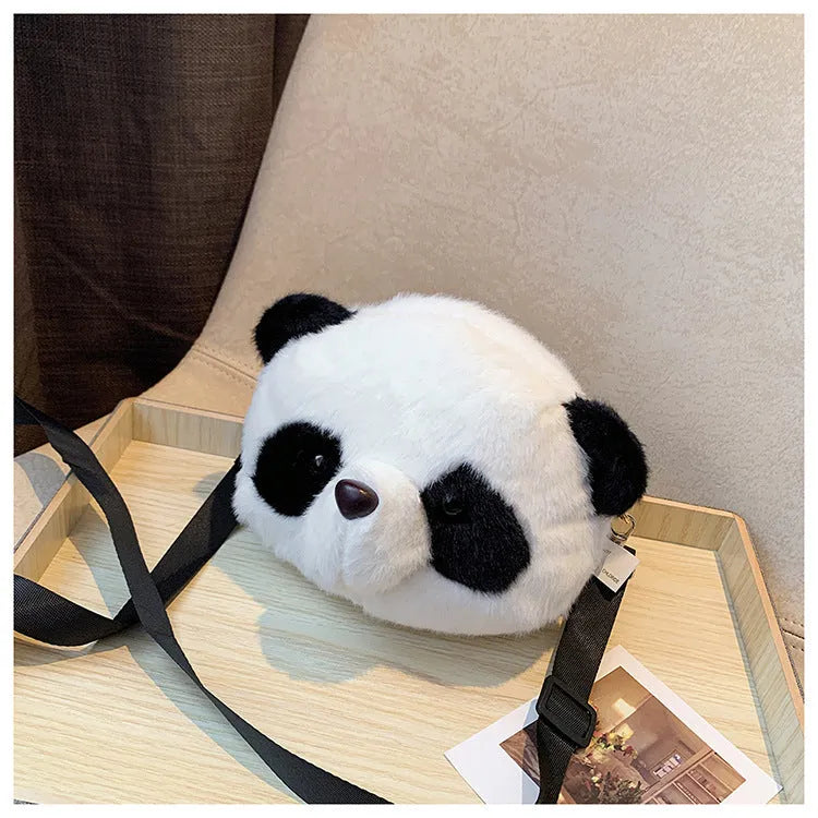 Plush panda head crossbody shoulder bag with cylindrical shape and sandwich pocket