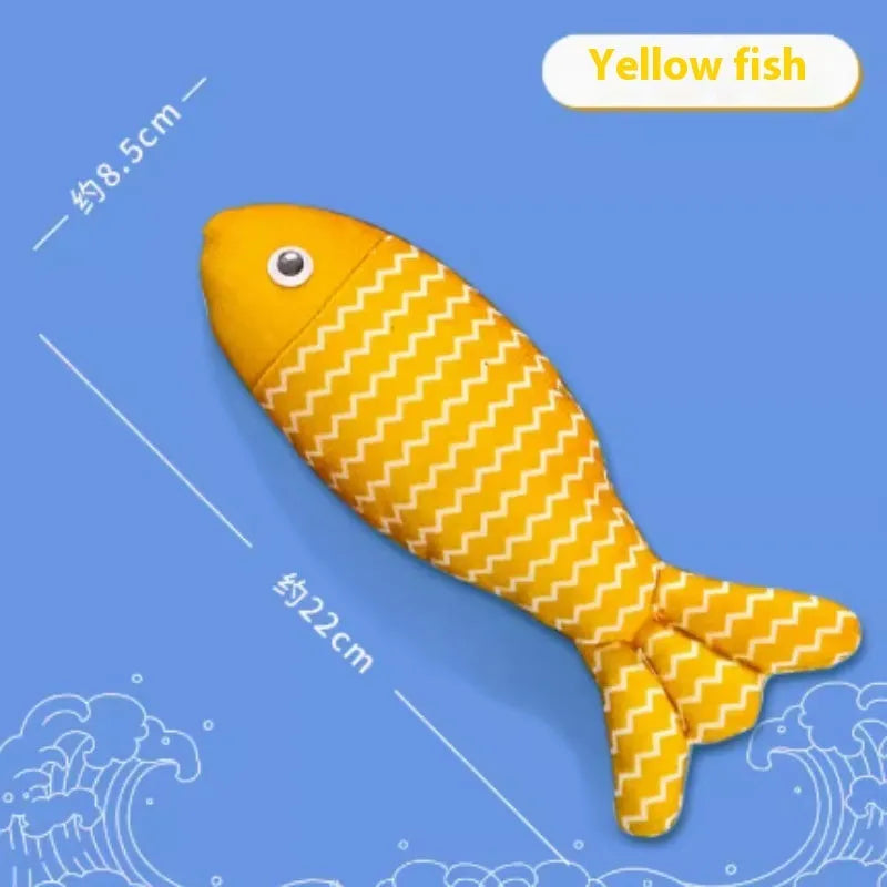 Soft red, blue, and yellow plush fish cat toys filled with catnip in large and medium sizes.