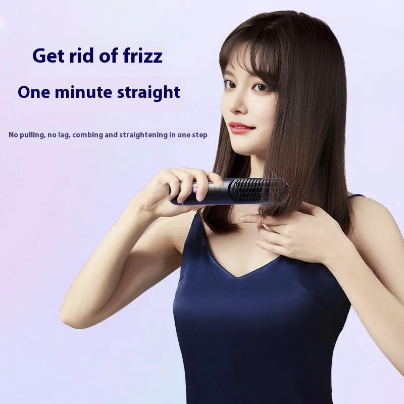Portable negative ion hair straightening comb in blue, grey, or white, showing handheld size.