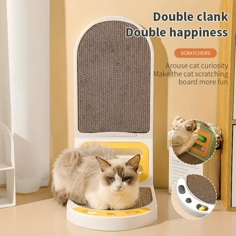 L-Shape vertical cat scratching board with textured jute surface in grey, green, or white colour.