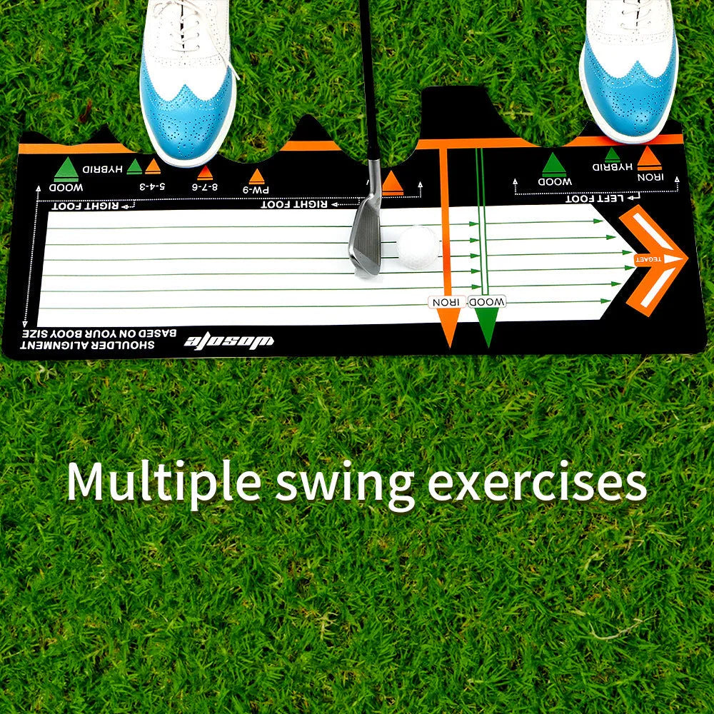 Black neoprene golf swing posture training pad for stance alignment practice.