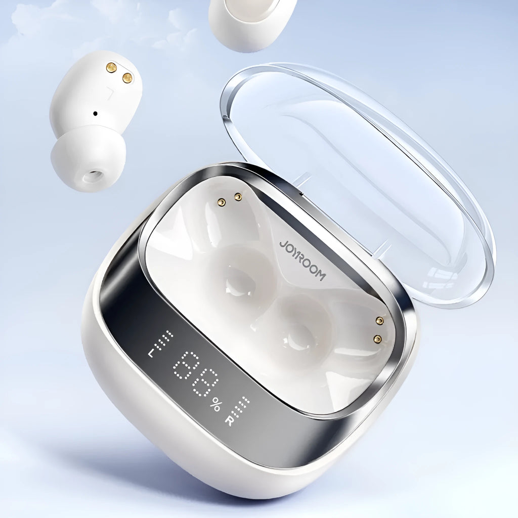 Wireless Bluetooth earbuds with charging case in Dawn White colour, showing in-ear design with compact charging case.