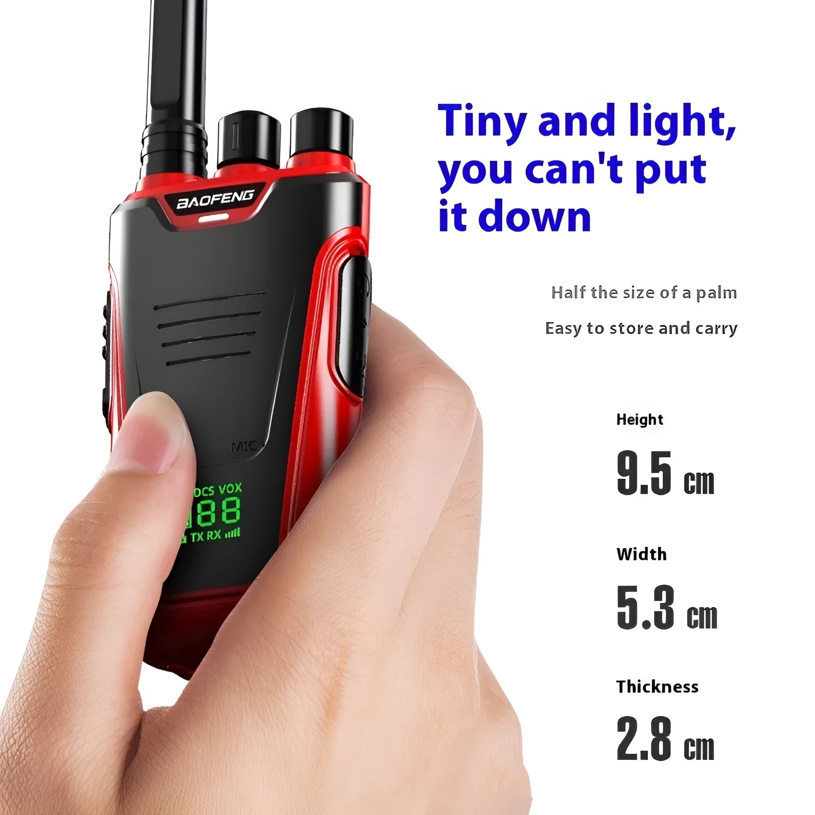 Red or yellow high-power intercom with display, shown next to a scale indicating its compact 95mm height.