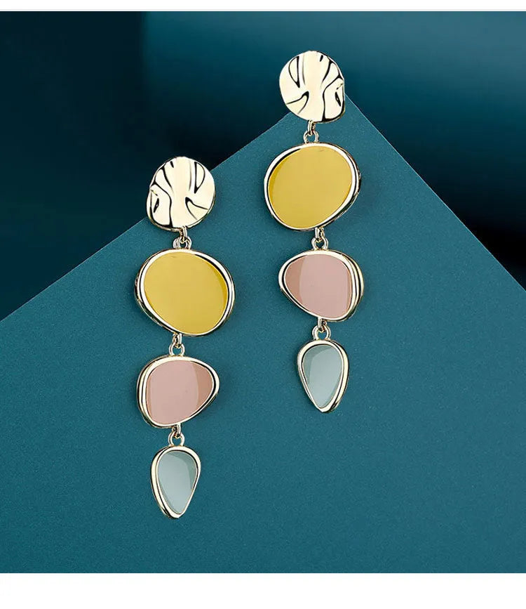 Sterling silver needle Morandi colour wafer earrings with dripping oil treatment