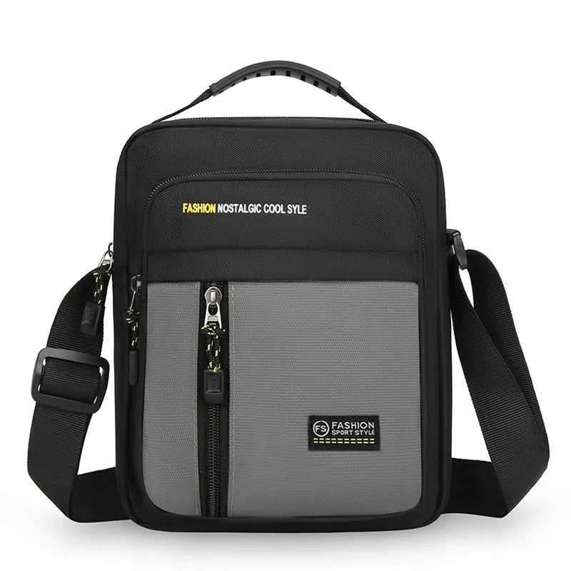 Men's nylon crossbody messenger bag with sewing thread detailing in black, blue, green, or grey.
