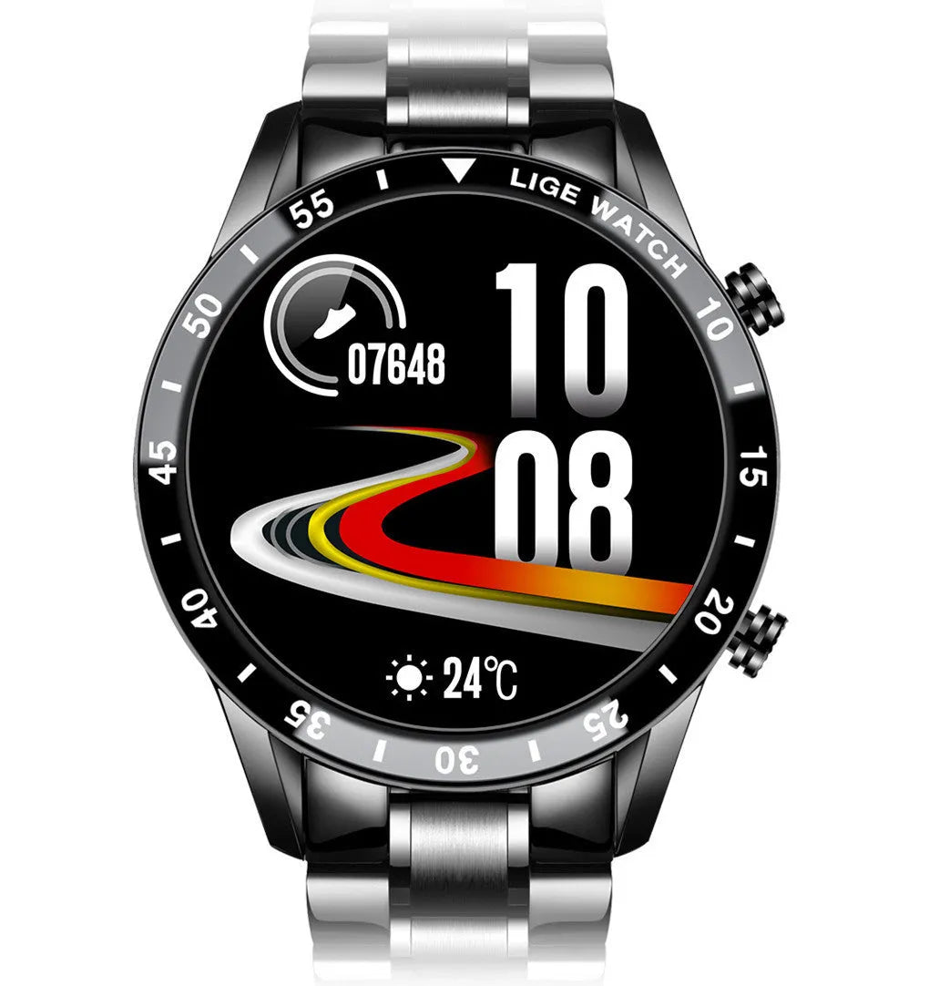 Smart watch with stainless steel band and 1.3-inch touch screen display