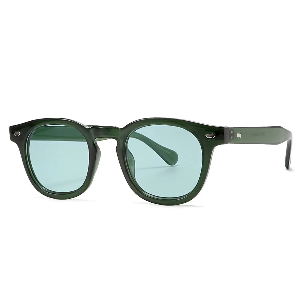 Round rim plastic sunglasses in bright black frame with black and grey lenses