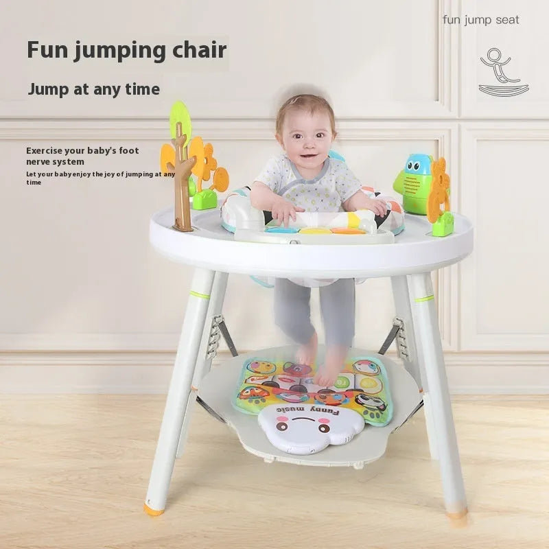 Baby jumping chair with three functions including bouncing and gymnastic rack elements in plastic construction