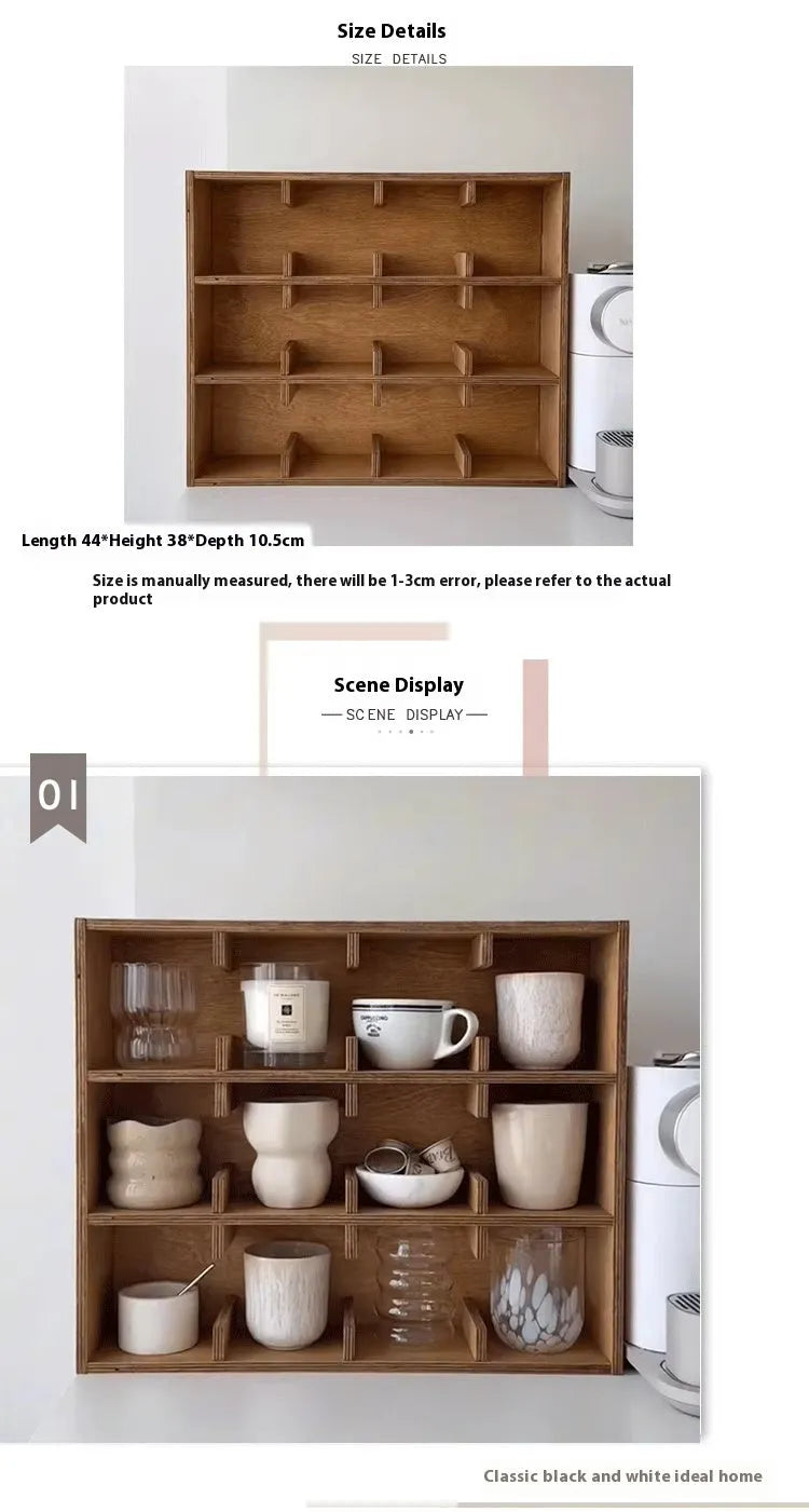 Square wooden cup storage rack with multi-layer grid design in birch finish