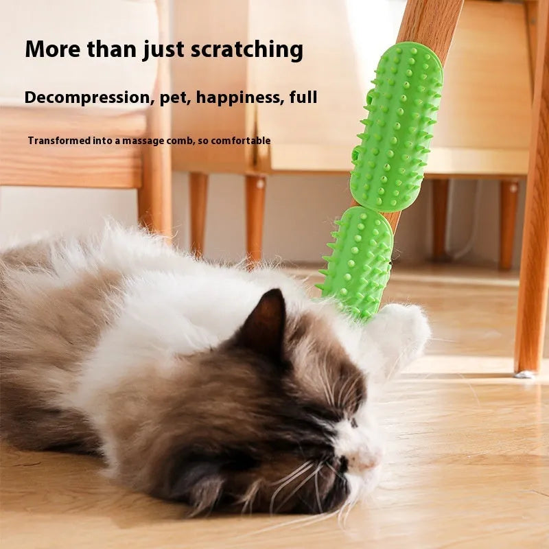Silicone cat self-grooming brush with comb teeth and adjustable strap for table legs.