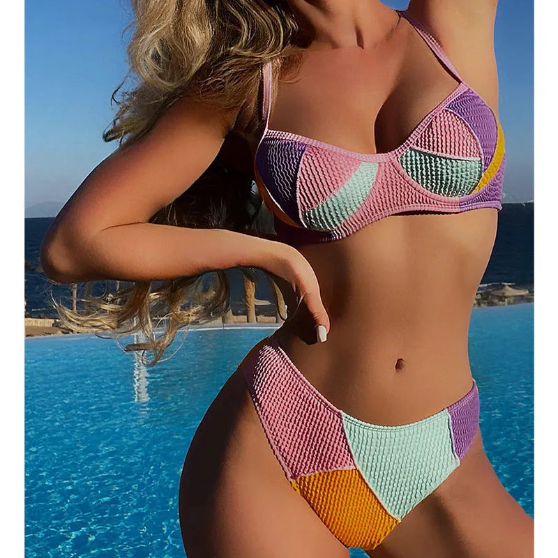 Ladies steel bracket push up bikini set in splicing colour with matching shorts