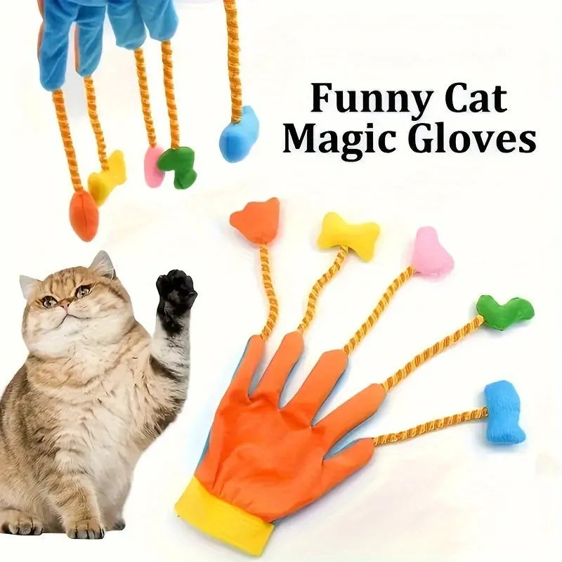 Yellow and blue interactive cat toy with plush glove design and trailing attachments measuring 40cm long