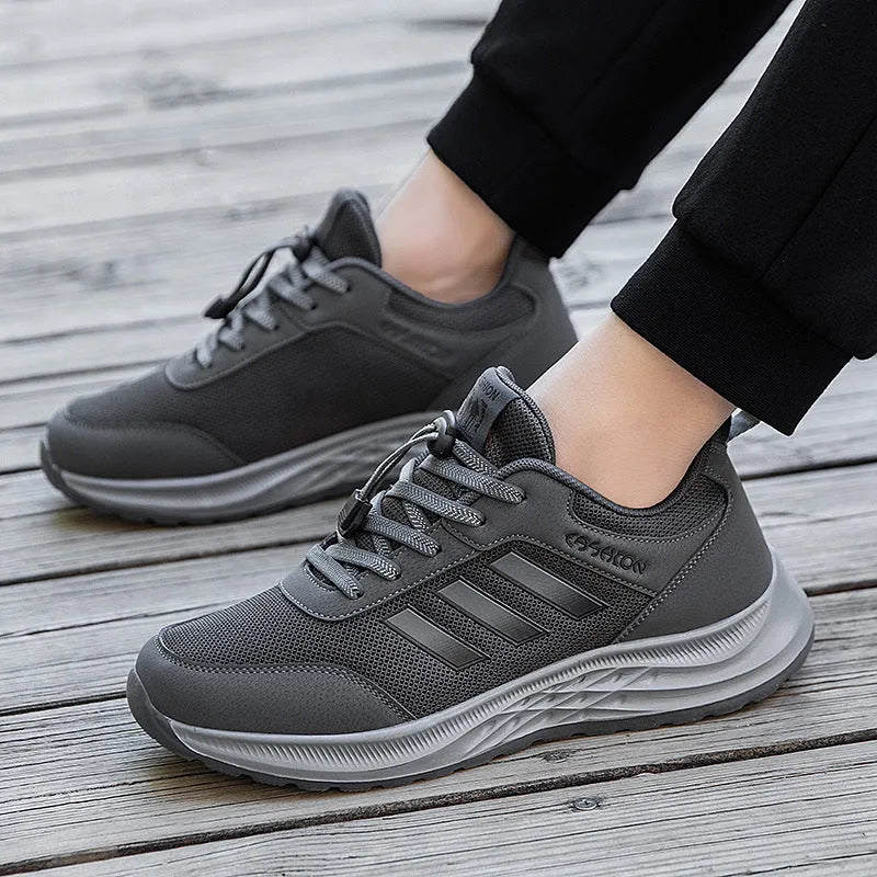 Men's and women's breathable mesh casual shoes with elastic band and non-slip sole in multiple colours.