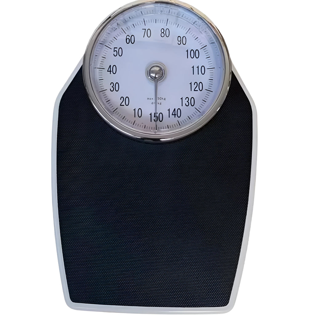 Black mechanical bathroom scales with large analogue dial showing weight measurements