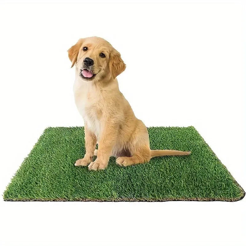 Artificial grass dog toilet training mat on floor with three size options shown