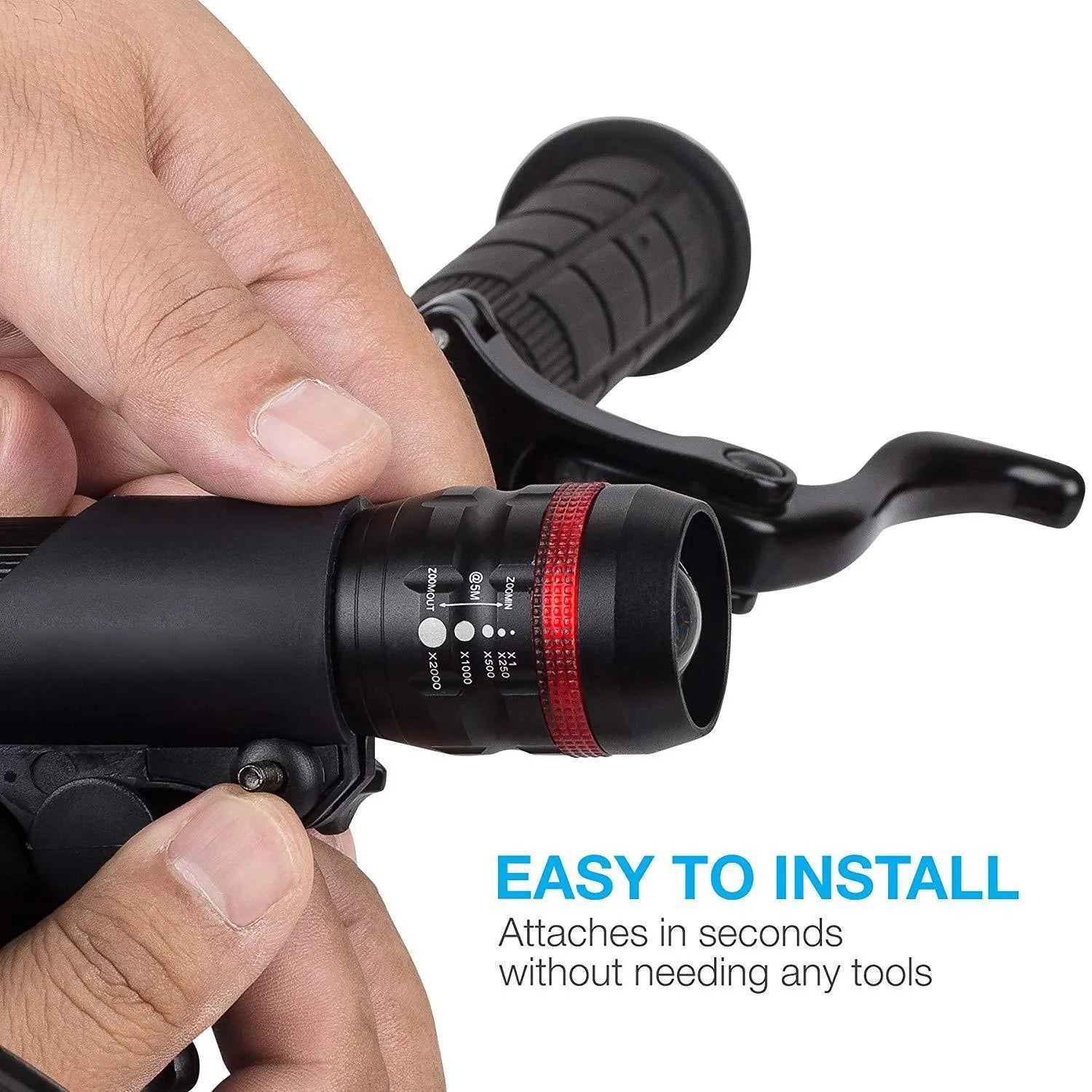 Bicycle safety light set showing front flashlight with mounting bracket and separate red taillight
