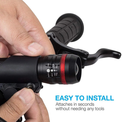 Bicycle safety light set showing front flashlight with mounting bracket and separate red taillight