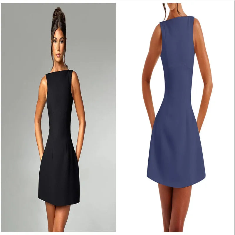 A woman wearing a slim-fitting black backless sleeveless summer dress with a high waist and short skirt.