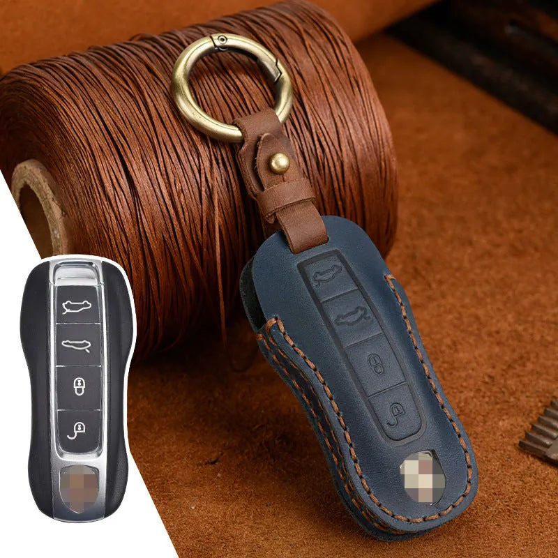 Genuine cowhide leather Porsche key case with retro bag-style buckle in blue or brown colour options