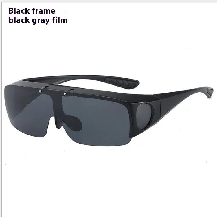 Sporty polarised myopia sunglasses with multiple interchangeable lenses including black, grey, and night vision, on a dark background.
