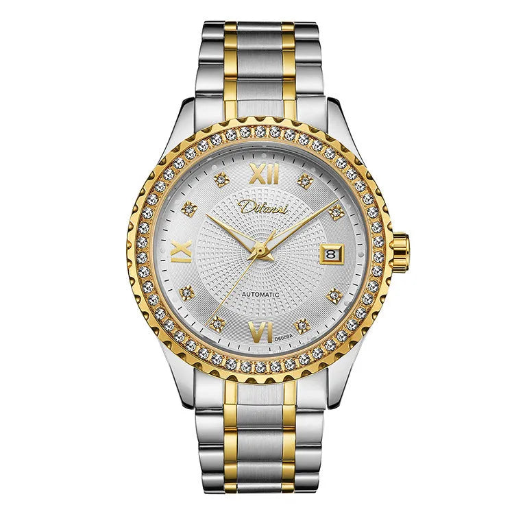 Men's gold automatic mechanical watch with black dial and luminous hands, business style waterproof timepiece
