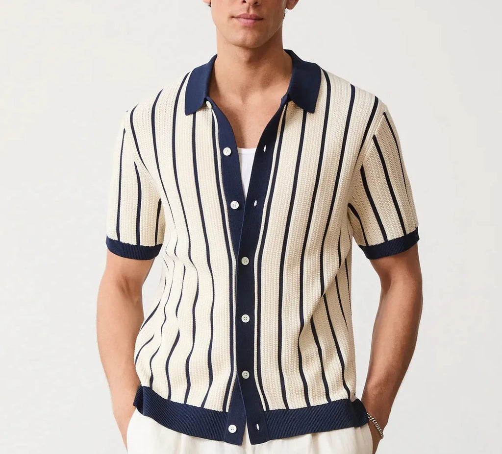 Men's white asymmetric knitted lapel shirt with short sleeves in ice silk fabric