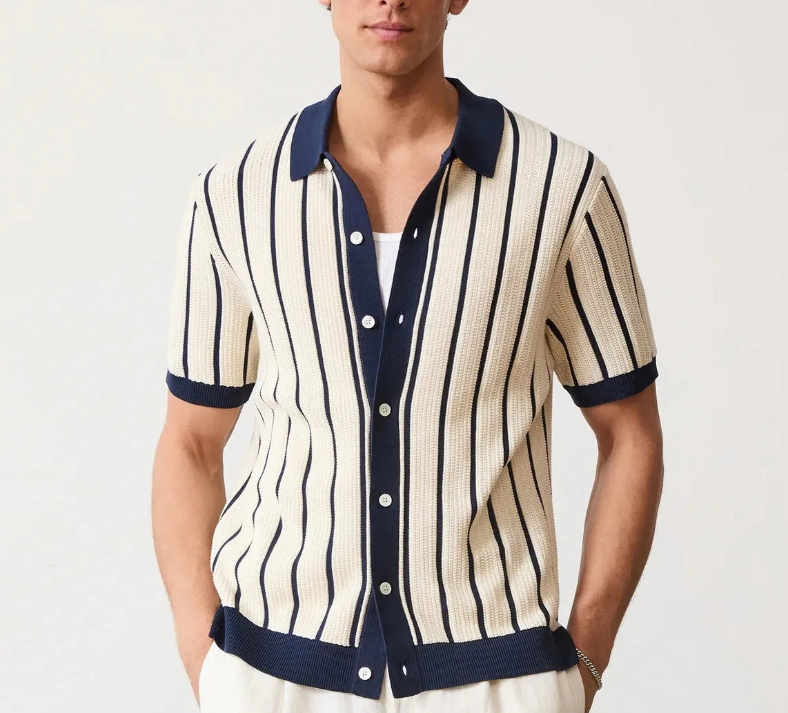 Men's white asymmetric knitted lapel shirt with short sleeves in ice silk fabric