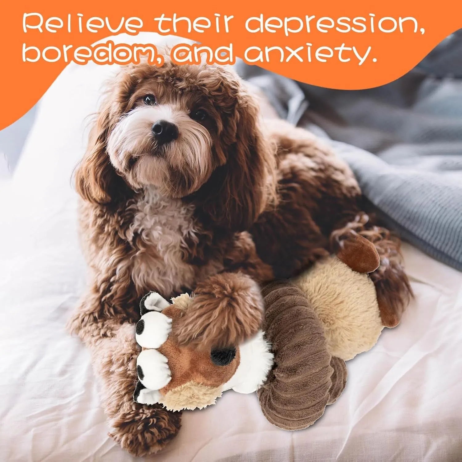 Plush stuffed dog toy with brown, gray or yellow colour options featuring crinkle and squeaker elements