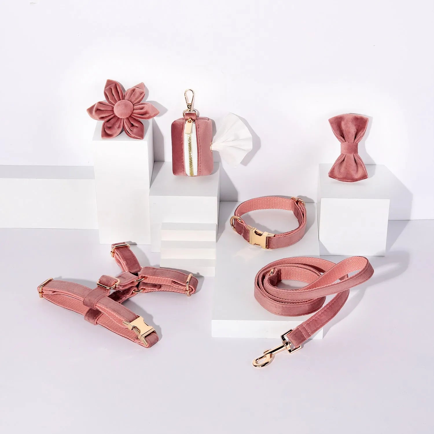 Velvet pet collar and traction rope set with bow tie and flower accessories in multiple colour options