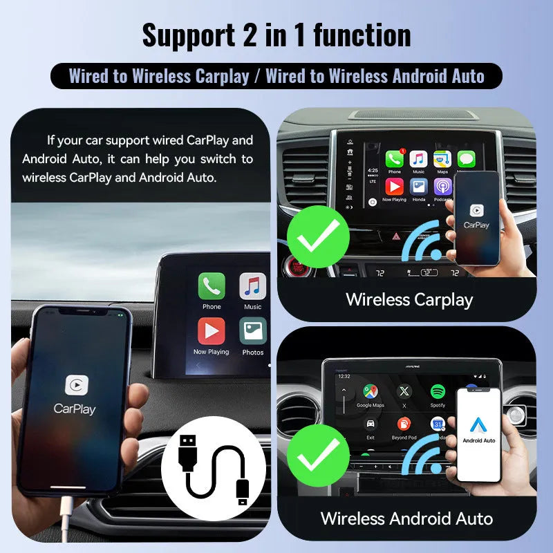 Black mini 2-in-1 CarPlay USB wireless data adapter showing compact dimensions