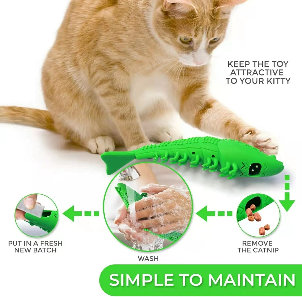 Blue cat tooth cleaning toy with 360-degree design and hard rubber construction
