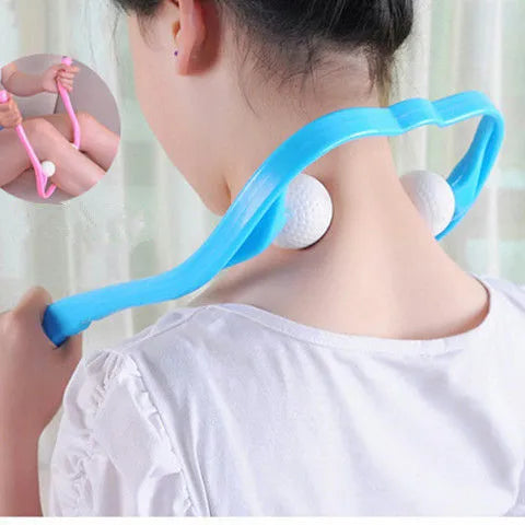 Plastic hand roller neck massager with adjustable stand and removable head in pink, blue, or green colours.