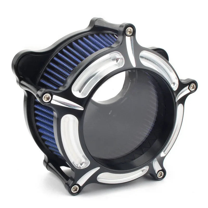 Aluminium air filter retrofitting accessories in multiple colour options including black, red, blue, and electroplated finishes