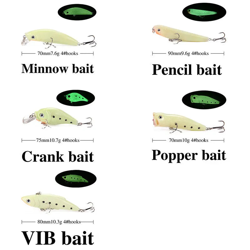 Five 3D fluorescent hard bait fishing lures with luminous properties for saltwater and freshwater fishing
