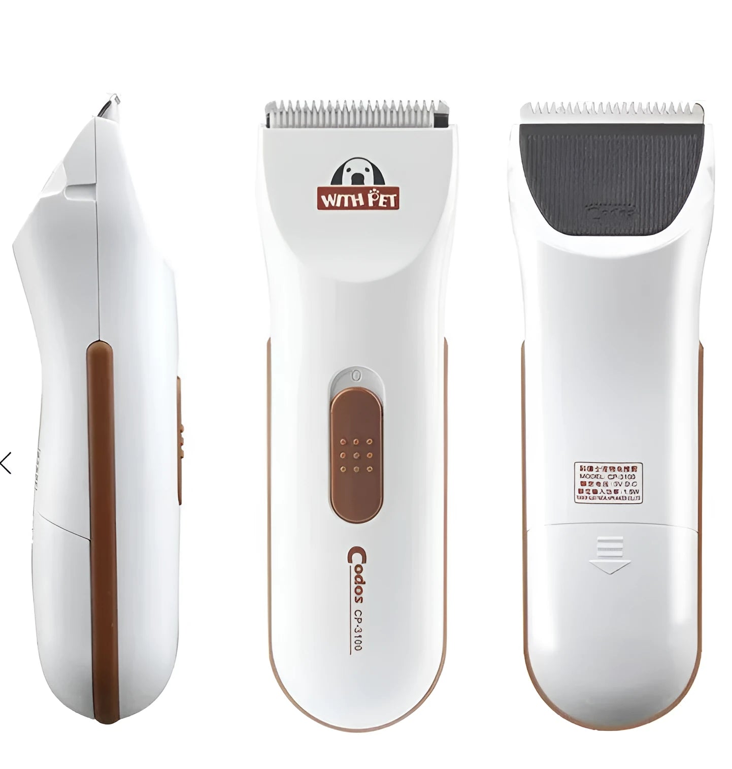 White pet hair clipper with ceramic blade and AA battery operation for home grooming
