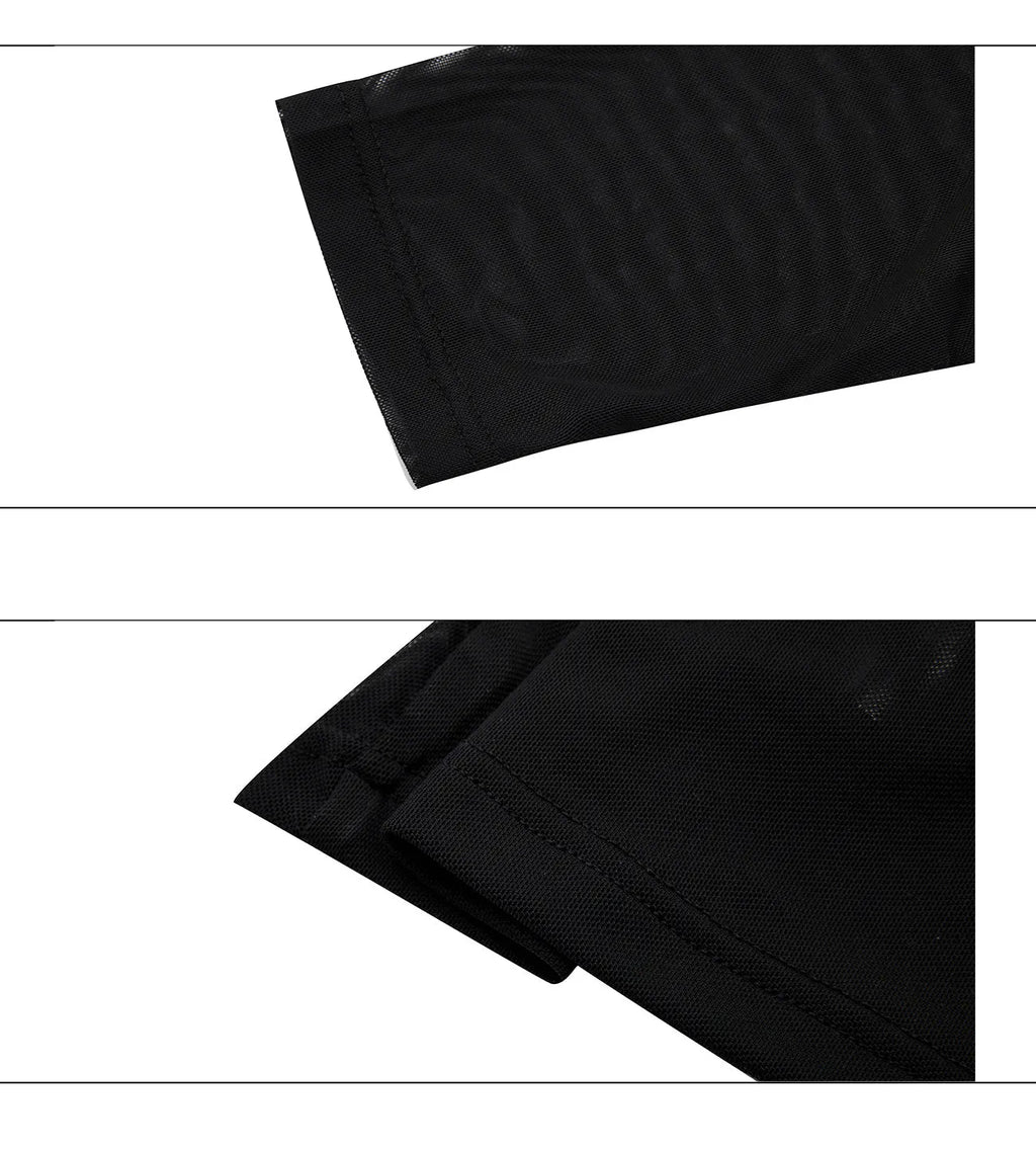 Black niche mesh ice-feeling slim bottoming long sleeve shirt on a mannequin, showing the trendy fit.