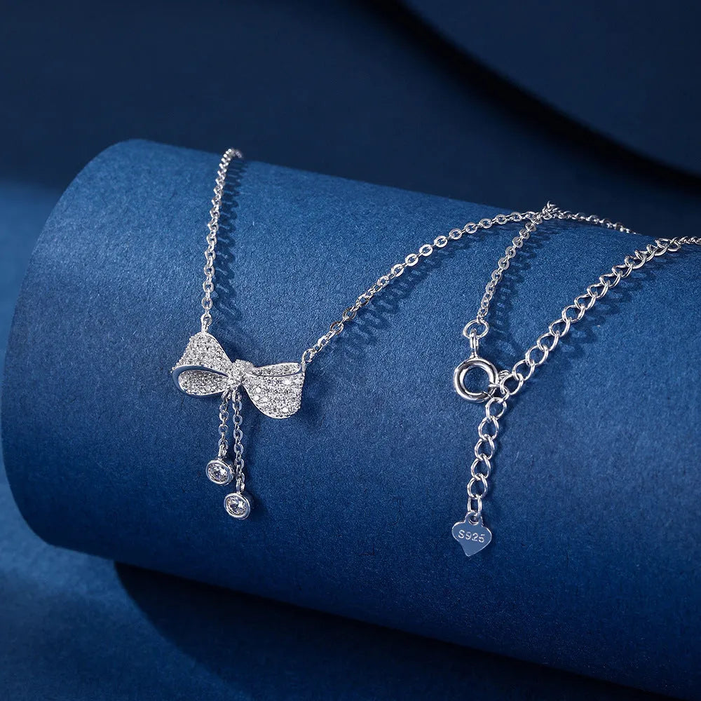 S925 sterling silver bow pendant clavicle necklace on 40-45cm O-ring chain