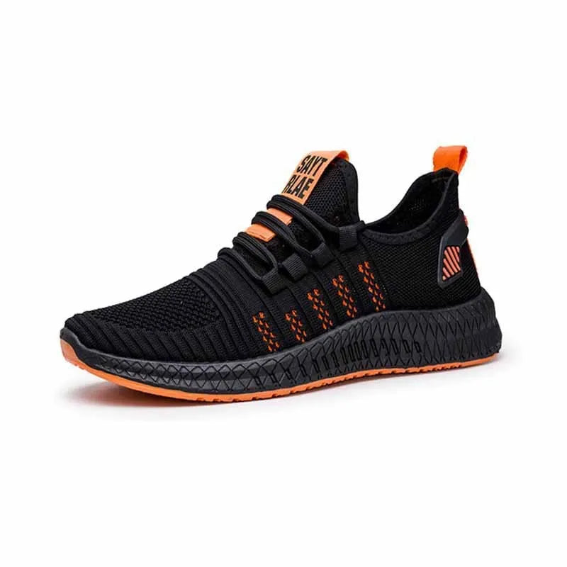 Men's black casual sports shoes with white stripes and a cross-strap detail over a Flying Weave upper.