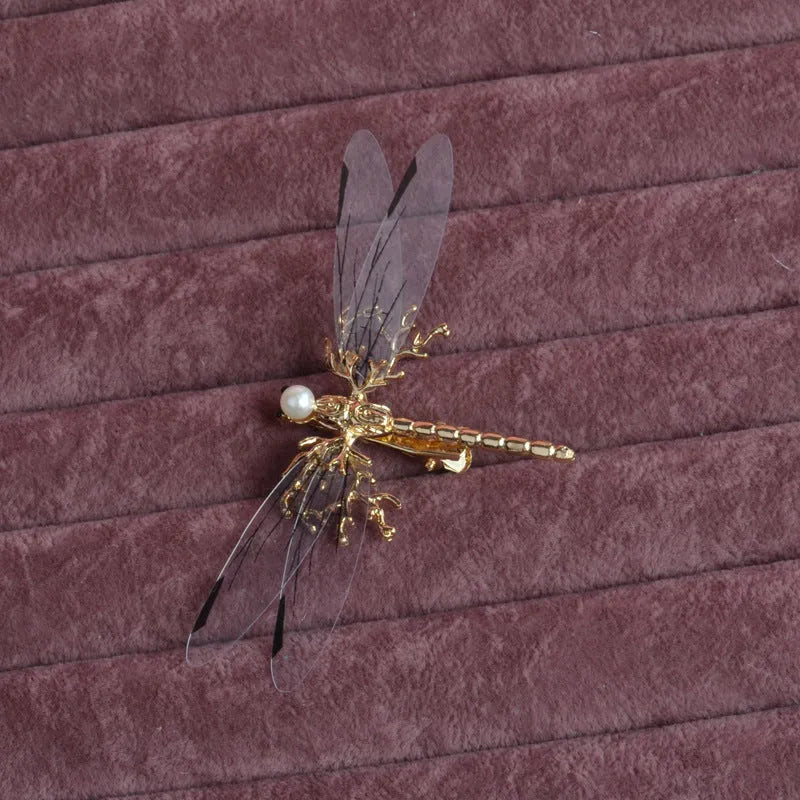 Golden dragonfly side clip headdress with alloy construction and electroplated finish