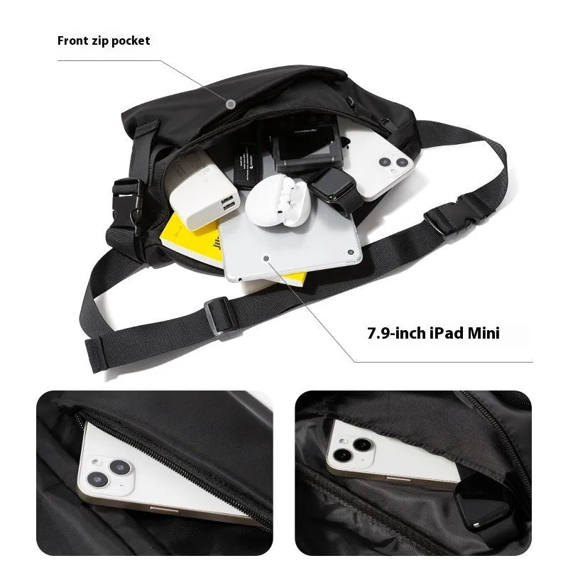 Black men's slanted chest bag made from Oxford fabric with 8-inch capacity and sewing line details