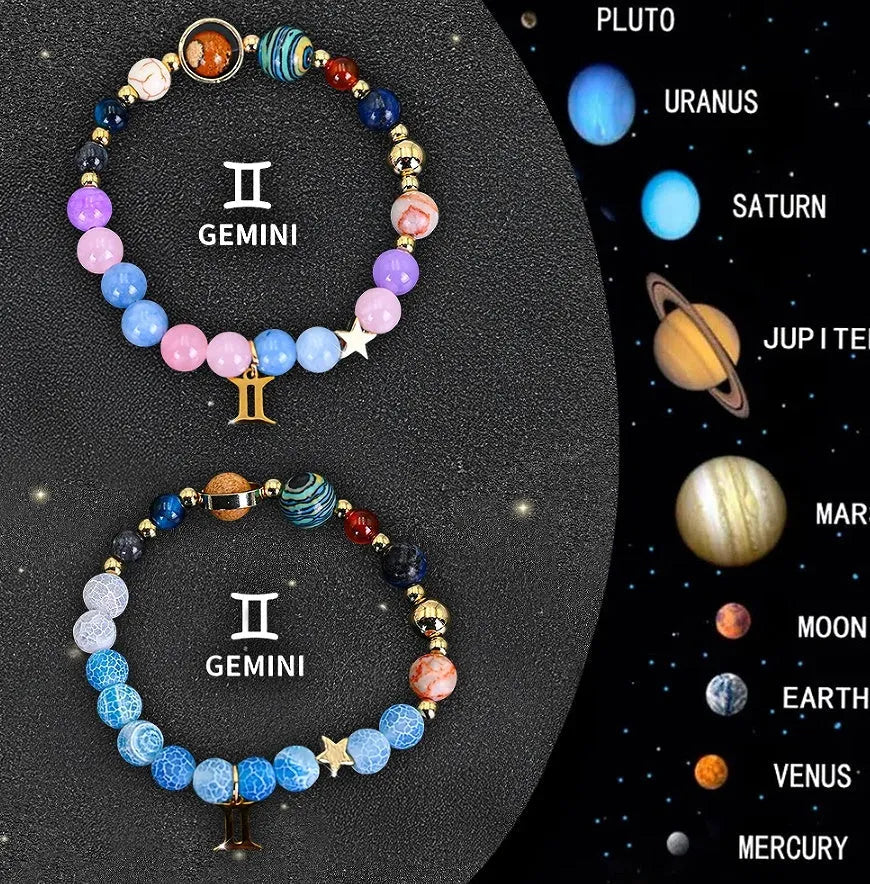 Two natural stone beaded bracelets with Chinese zodiac charms on elastic cord