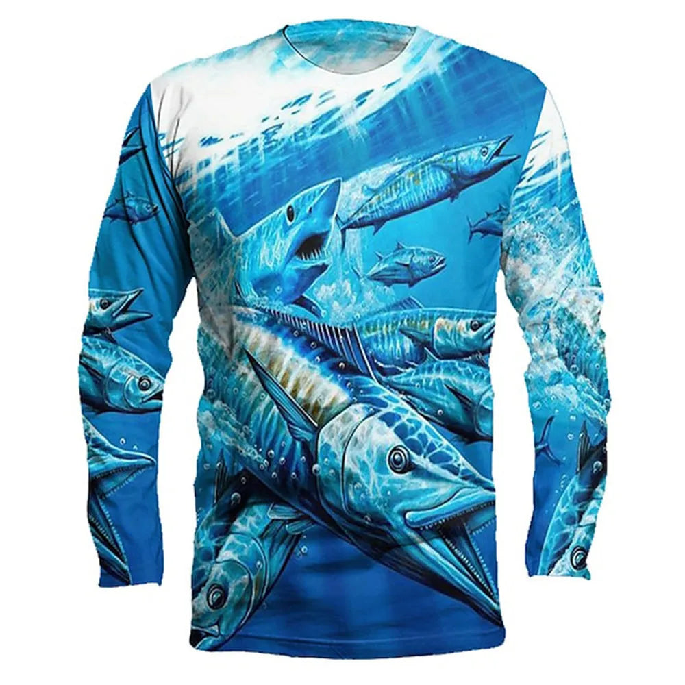 Men's long-sleeved pullover top with a fish pattern print in Milk Silk fabric.