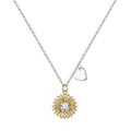 Sterling silver sunflower necklace with adjustable chain on white background
