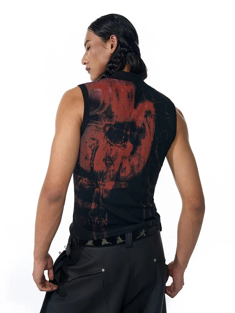 Black sleeveless t-shirt with half turtleneck collar and printed character pattern in slim fit style