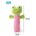 Soft plush dog chew toy in animal shape with squeaker, shown with size scale.