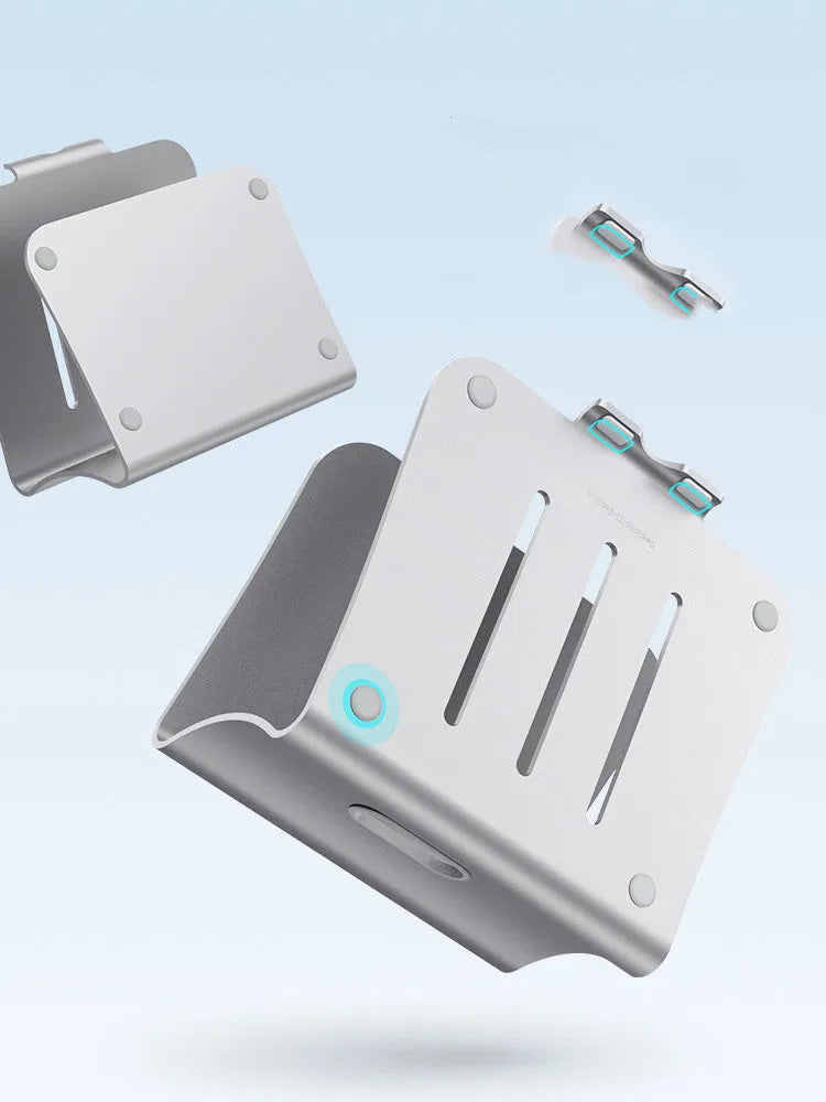 Aluminium laptop cooling bracket with rotating silver base on desk