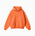 Men's cotton terry hooded pullover sweater in loose fit showing drop-shoulder sleeves and solid colour options
